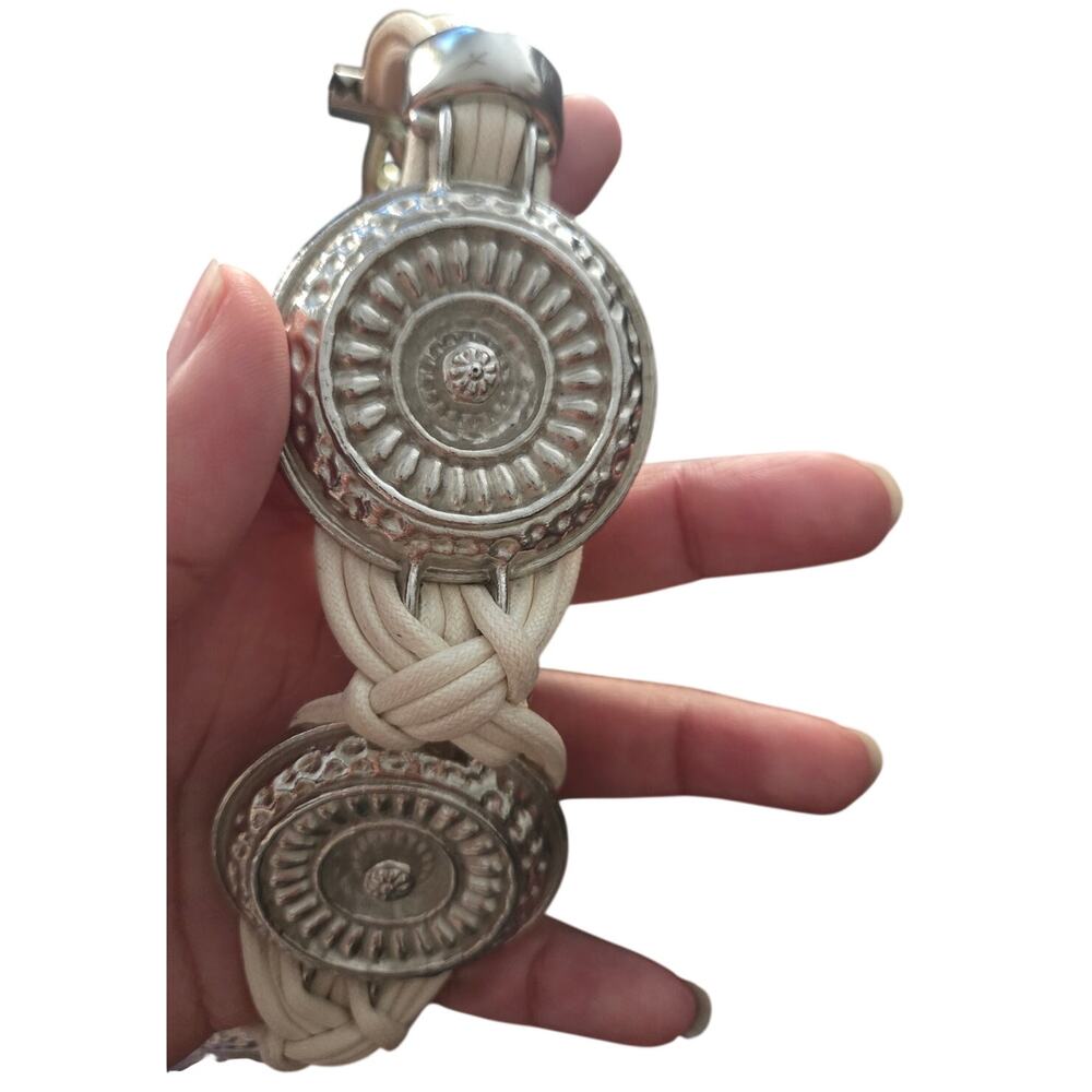 Vintage 90s White Leather Silver Concho Medallion Chain Belt Womens 36 Large XL